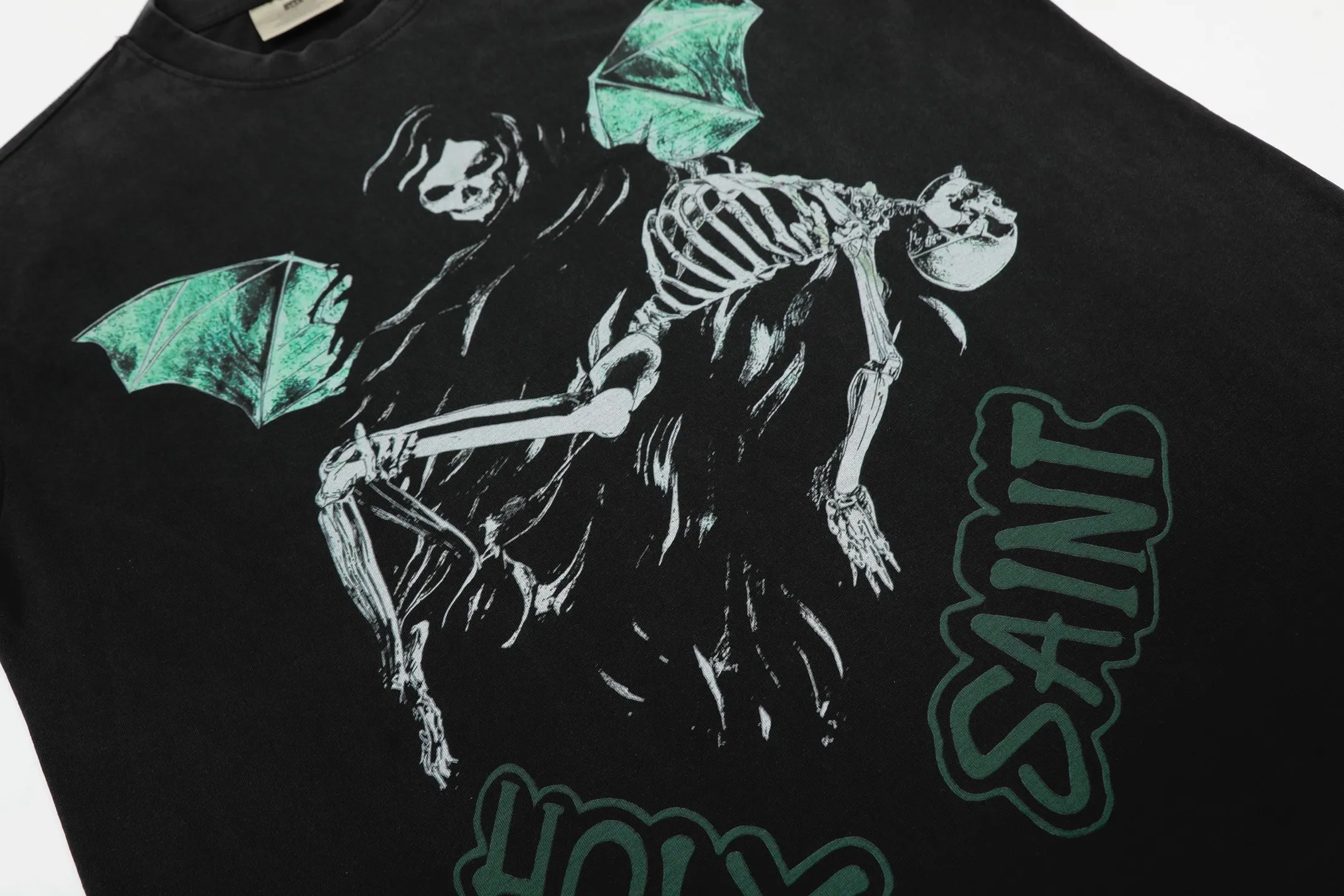 VT9244 P140💰 SAINT Michael "Skull Death" punk style printed retro washed distressed short-sleeved T-shirt Small neckline design White ink digital direct printing High street retro heavy distressed washed Vintage short sleeves Size: S M L XL